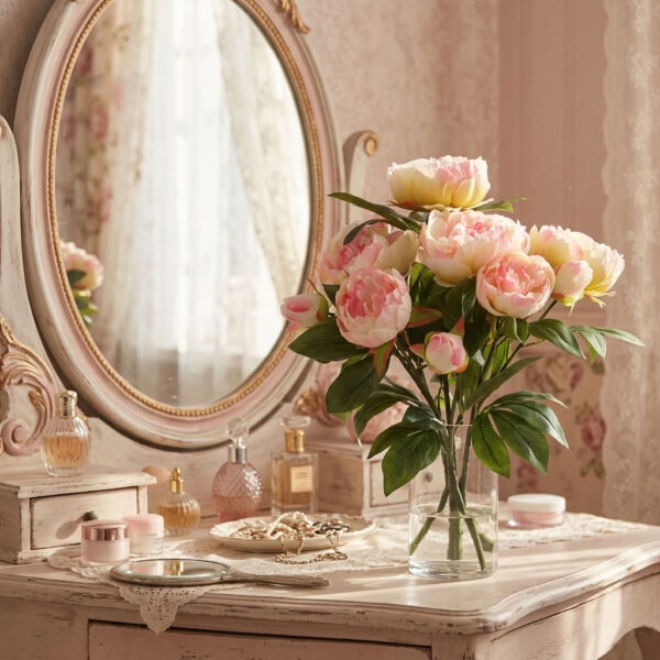 Boeket Peony Lichtroze in een sfeervol interieur