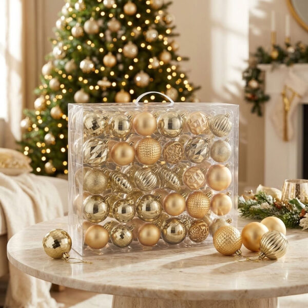 Kerstballen set Unbreakable baubles Champagne in een sfeervol interieur