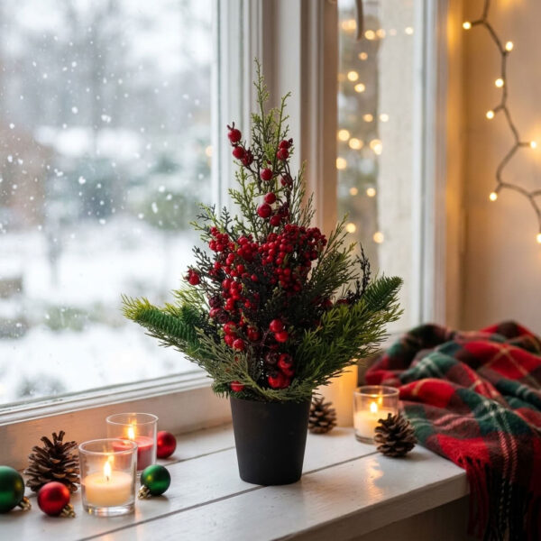 Kunstkerstboompje Ceder met rode besjes in een sfeervol interieur
