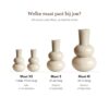 Vaas Lindi Elite beige: maat XS (2 stuks) 19 cm hoog, maat S 27 cm hoog, maat M 36 cm hoog, naast elkaar op schaal