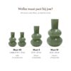 Vaas Lindi Elite groen: maat XS (2 stuks) 19 cm hoog, maat S 27 cm hoog, maat M 36 cm hoog, naast elkaar op schaal