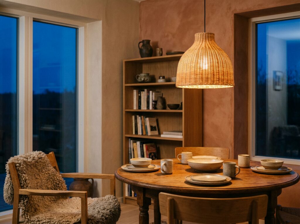 Rotan hanglamp boven een houten eettafel met warm licht