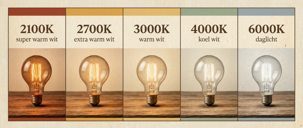 Vijf lampen naast elkaar die de kleurtemperatuur laten zien van 2100K super warm wit tot 6000K daglicht