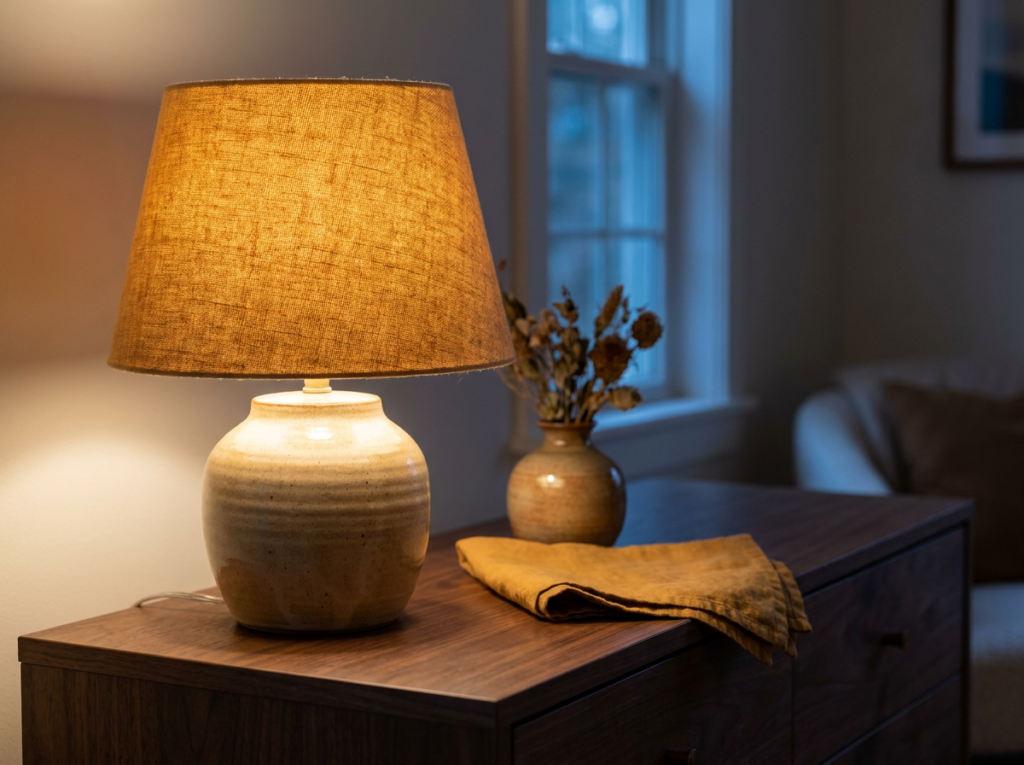 Keramieken tafellamp met warm licht op een houten dressoir