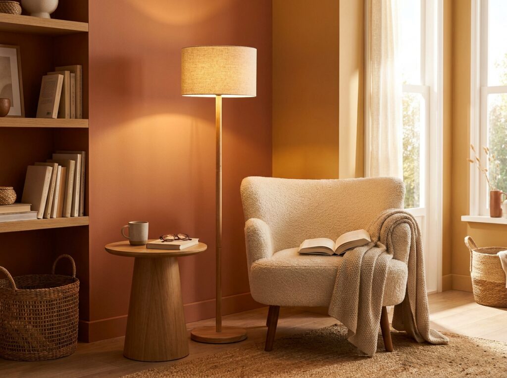 Houten vloerlamp met linnen kap naast een fauteuil