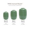 Vaas Artic pastelgroen: maat XS 24 cm hoog, maat S 29 cm hoog, maat M 35 cm hoog, naast elkaar op schaal